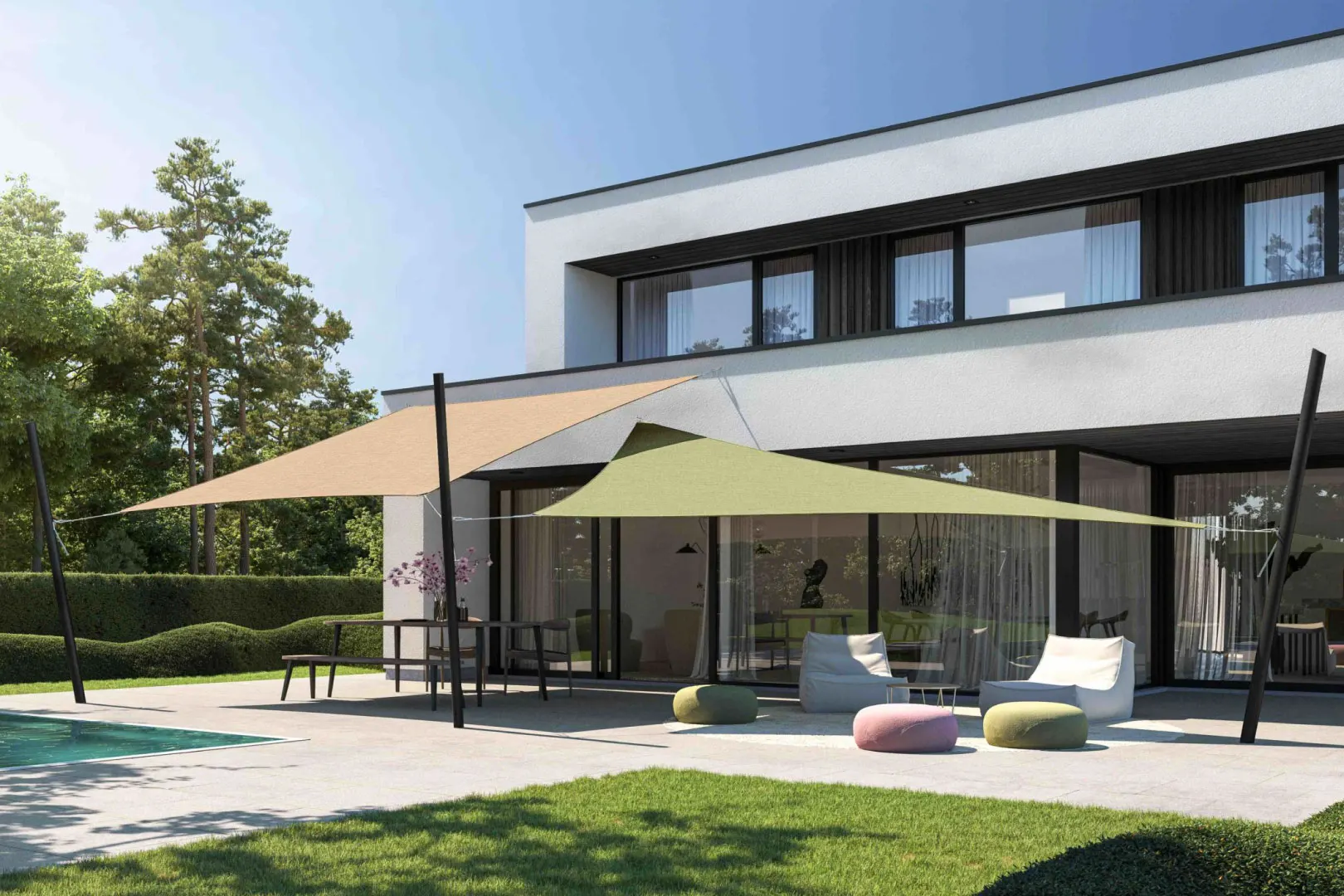 Dvě stínící plachty Ingenua nad terasou moderního rodinného domu