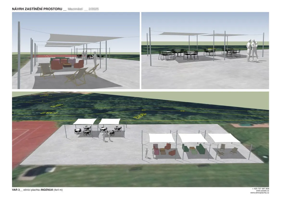 Architektonický návrh zastínění: tři pohledy na terasu s plachtami Ingenua 4 × 4 m